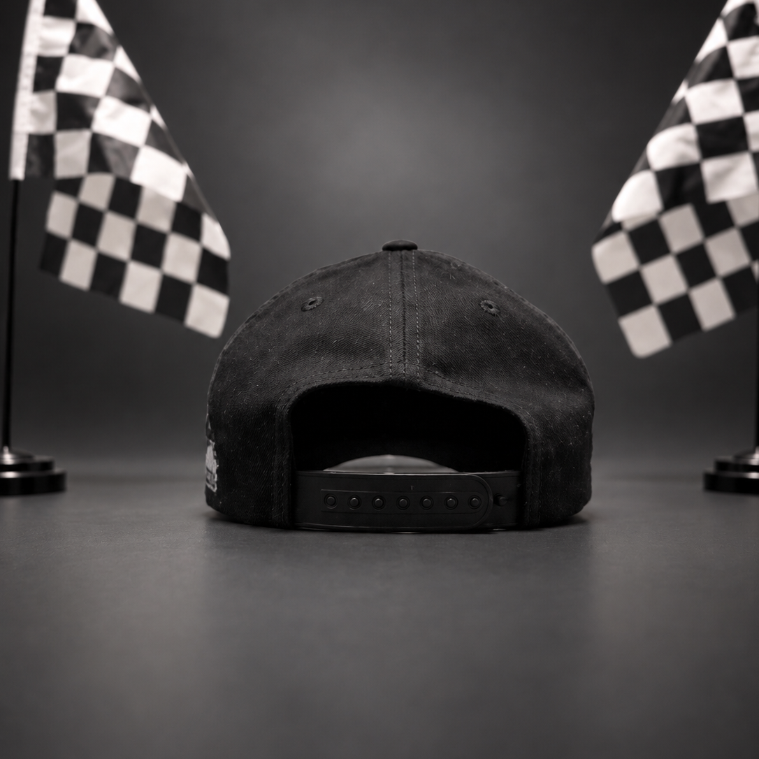 HPR Structured Snapback in black with checkered flags in the studio