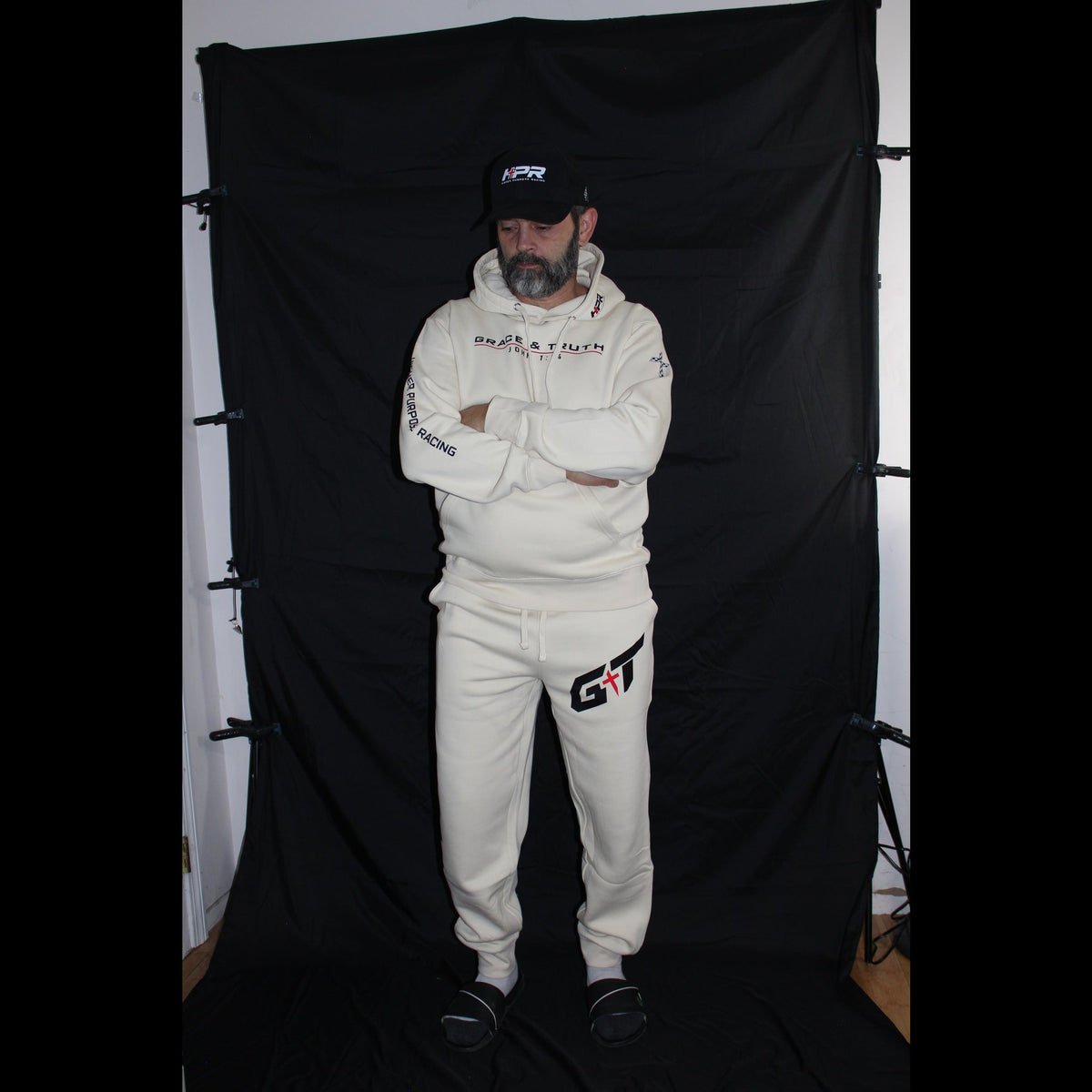 Full Vintage Pearl Team Grace & Truth sweatsuit set worn against a black backdrop