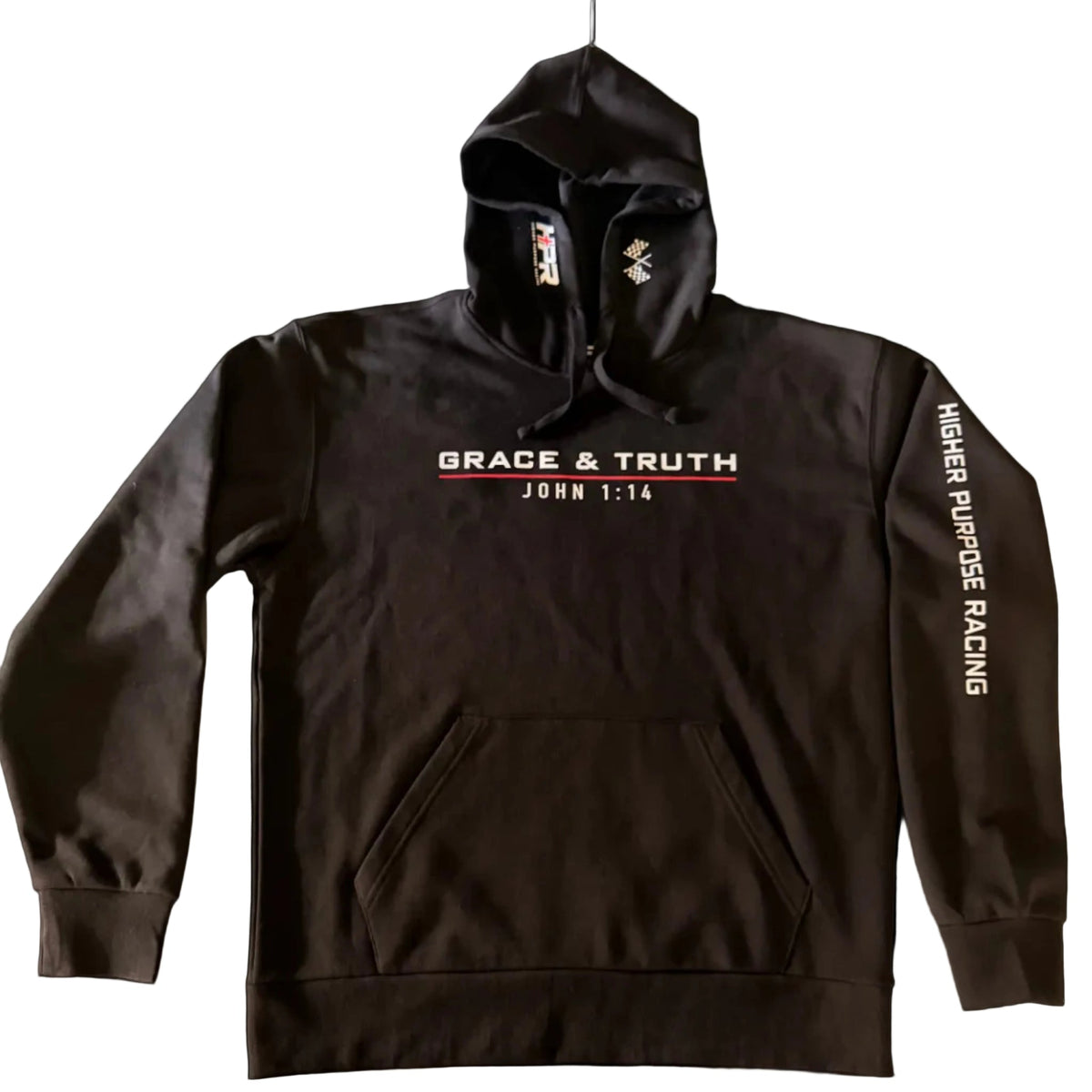 Black Team Grace & Truth hoodie hanging, front view with Grace & Truth chest print