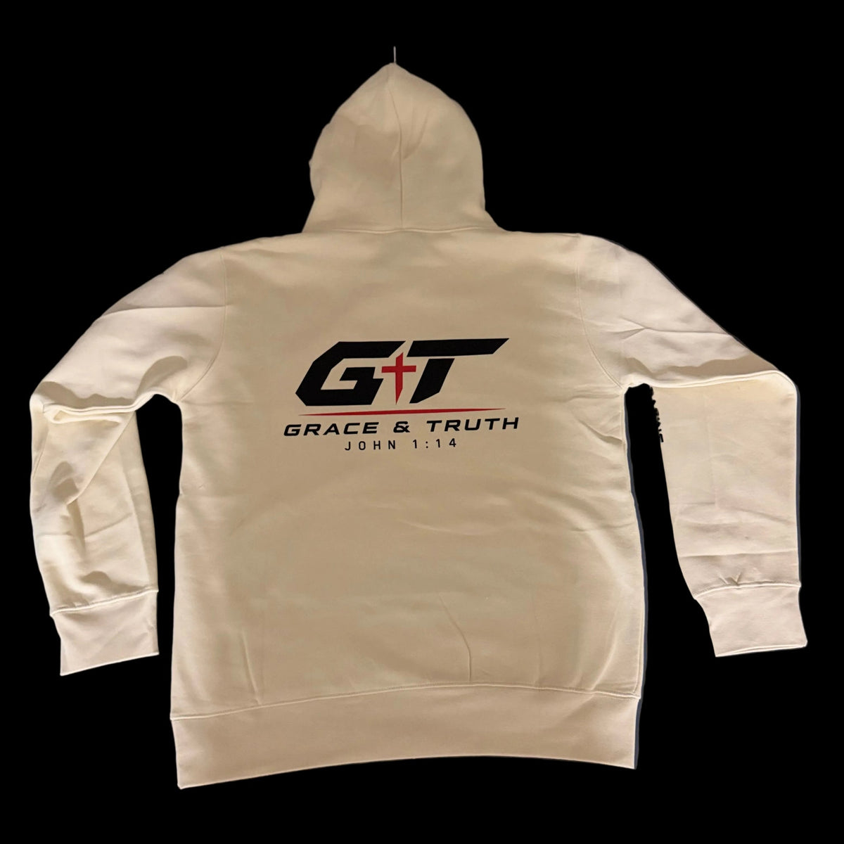 Back of the Vintage Pearl Team Grace & Truth hoodie with the GT Grace & Truth John 1:14 mark