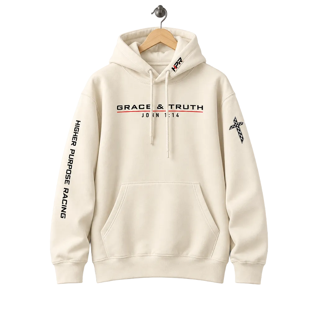 An off-white hooded sweatshirt with 'GRACE & TRUTH' and 'HIGHER PURPOSE RACING' printed on the front and sleeves, hanging on a wooden hanger against a neutral gray background.