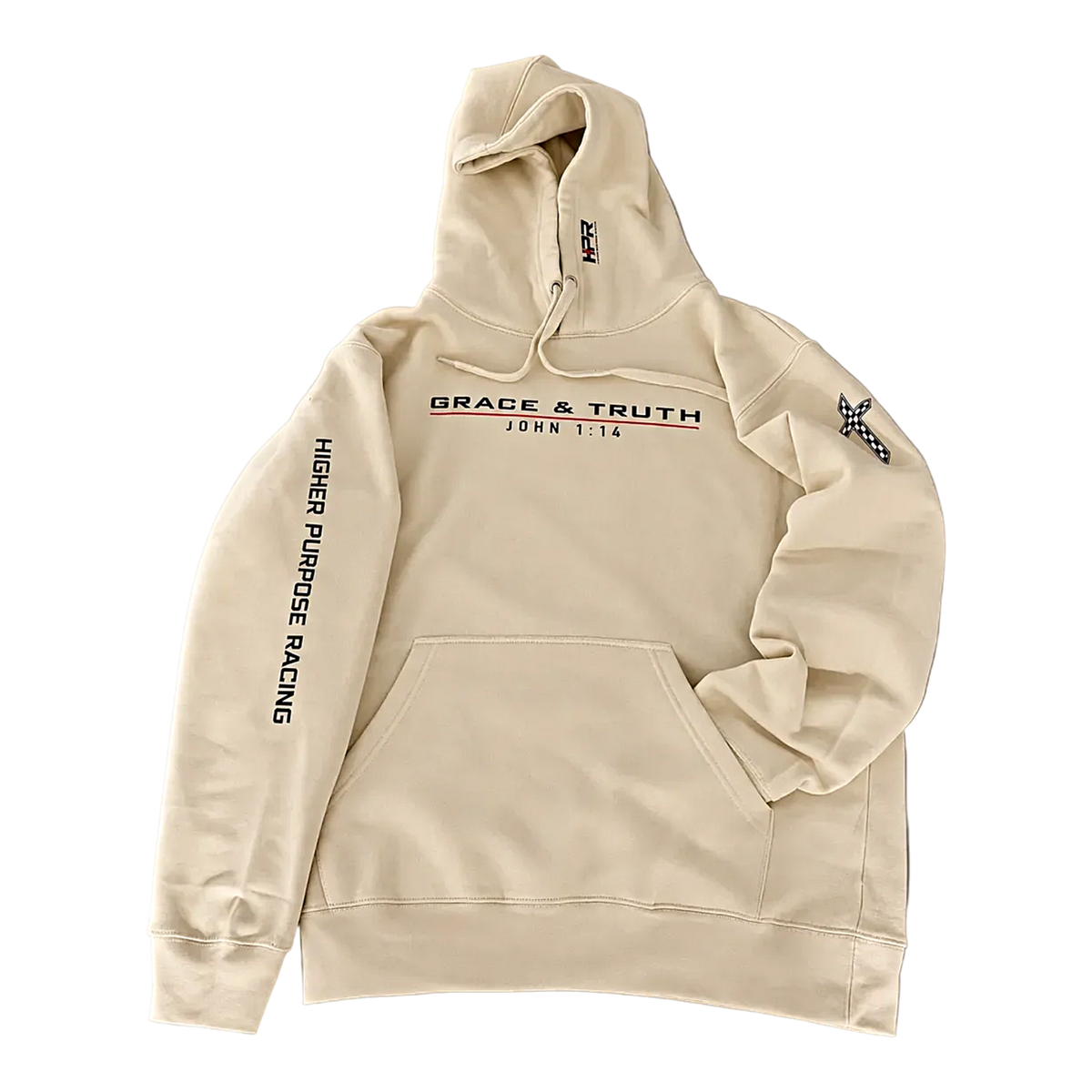 Vintage Pearl Team Grace & Truth Fleece Hoodie laid flat, front view with Grace & Truth John 1:14 chest print and Higher Purpose Racing down the sleeve