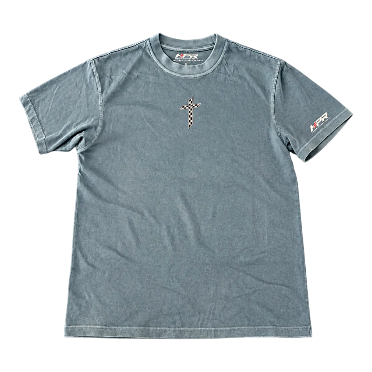 Front of the Slate Blue Team Grace & Truth Heavyweight Tee laid flat, with the checkered cross on the chest and HPR logo on the sleeve