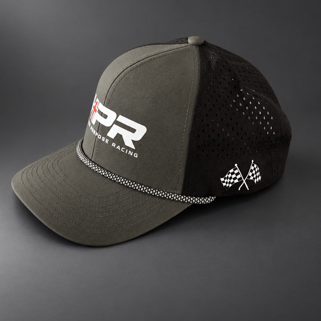 Higher Purpose Racing hydro hat side view with checkered flags