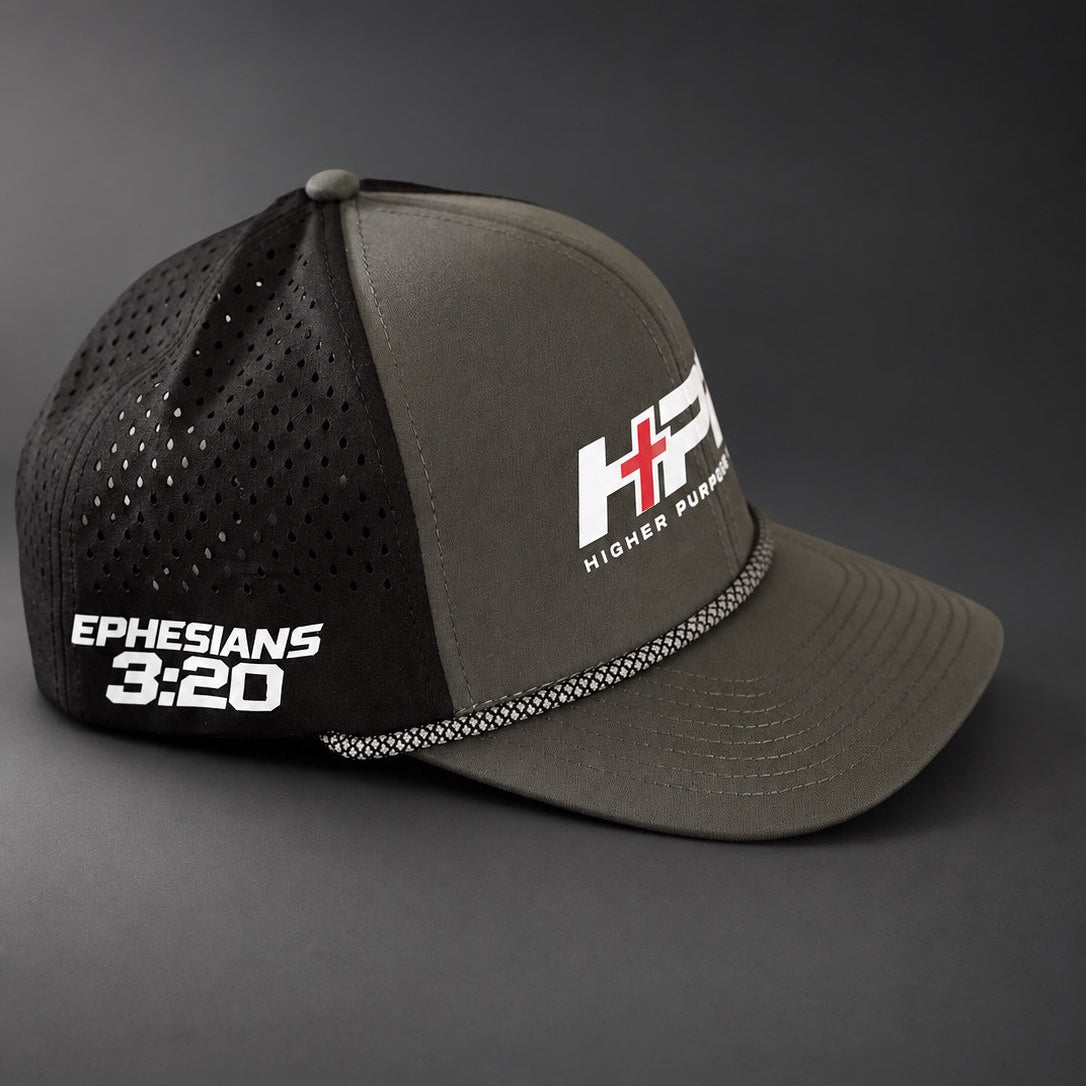 Higher Purpose Racing hydro hat side view with Ephesians 3:20 graphic