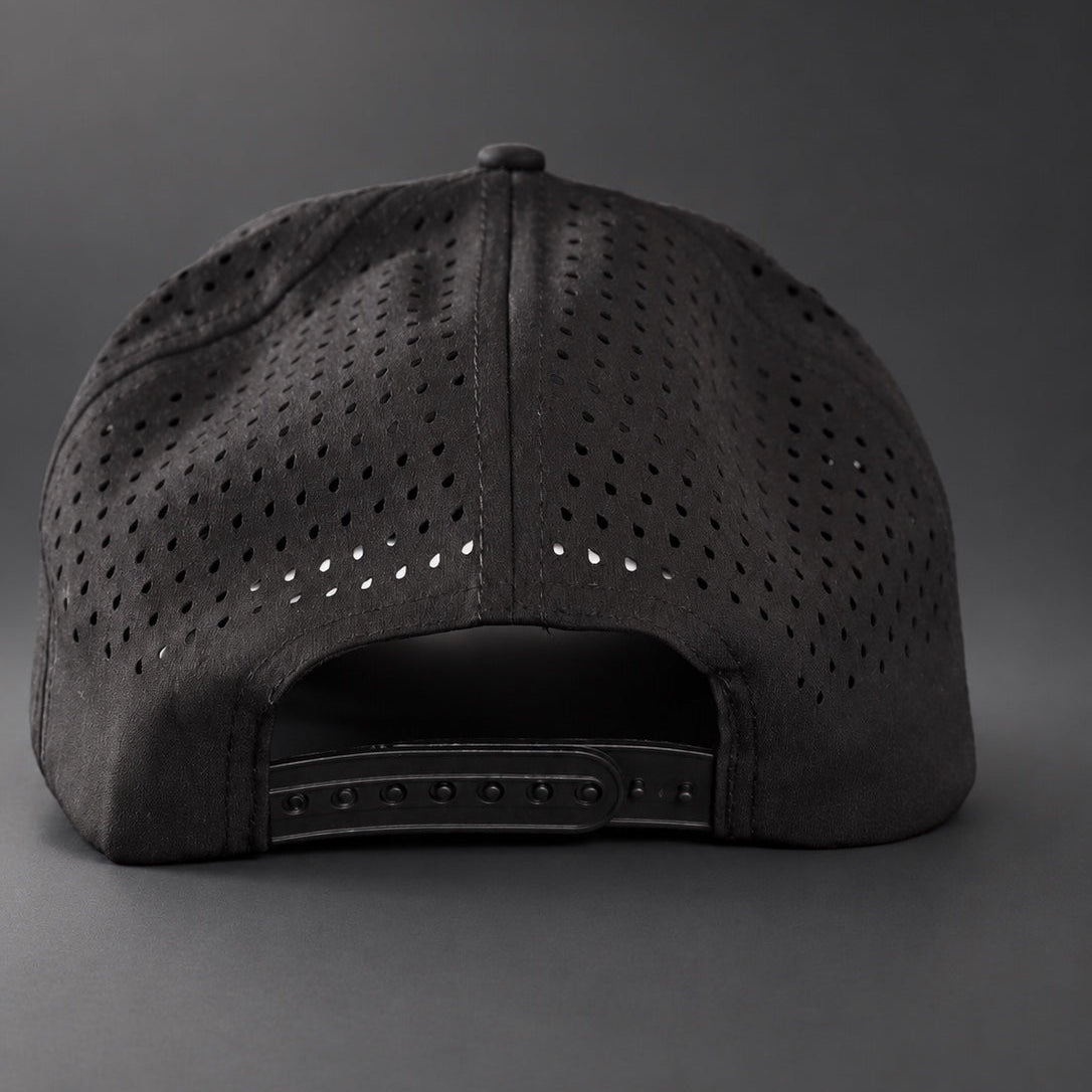 Higher Purpose Racing hydro hat rear view with perforated panels and snapback