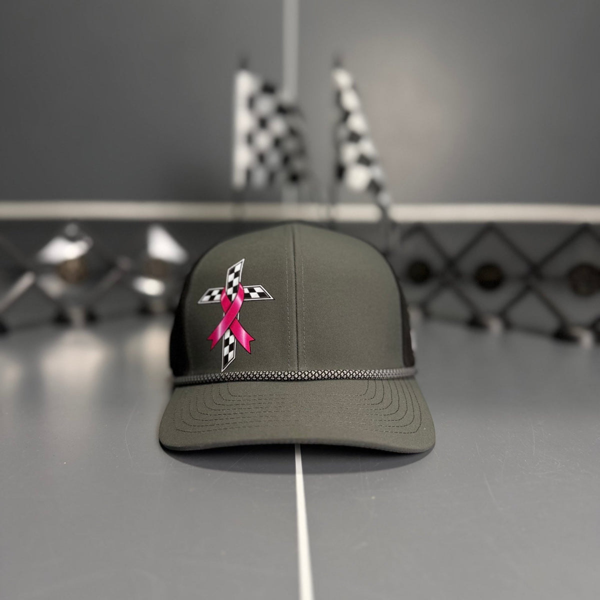 Front of the HPR Pink Ribbon Checkered Cross Hydro Rope Hat