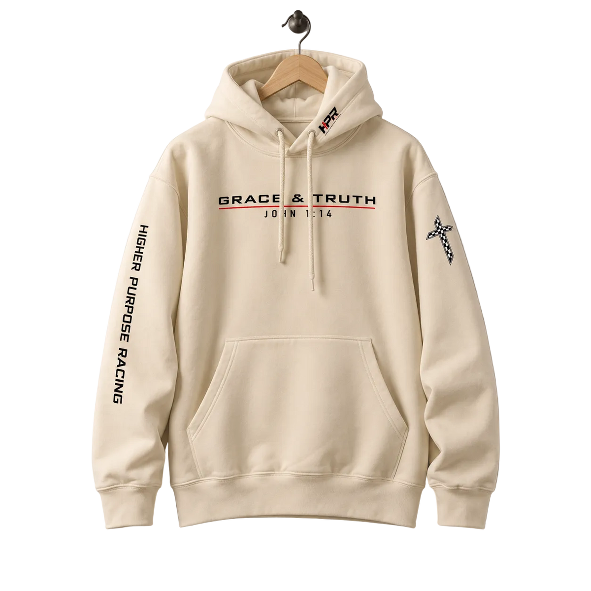Team Grace & Truth hoodie in Vintage Pearl on a hanger, Grace & Truth John 1:14 chest print and Higher Purpose Racing sleeve