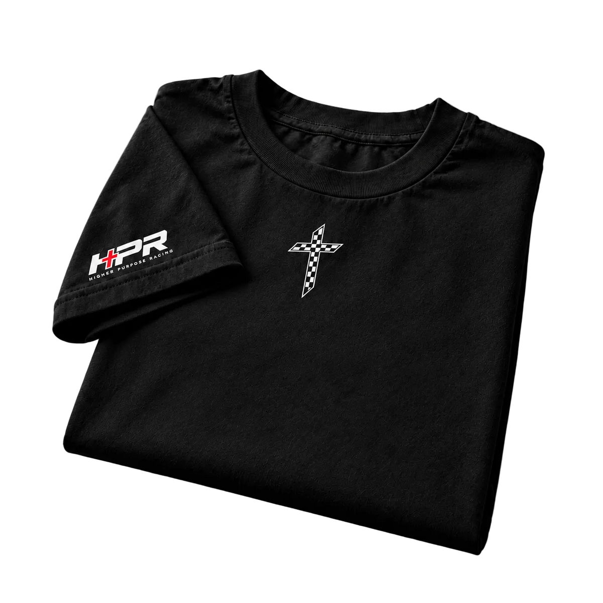 A folded black t-shirt on a light gray background, featuring a white and red HPR Motorsports logo on the right sleeve and a small black-and-white checkered cross on the left chest.
