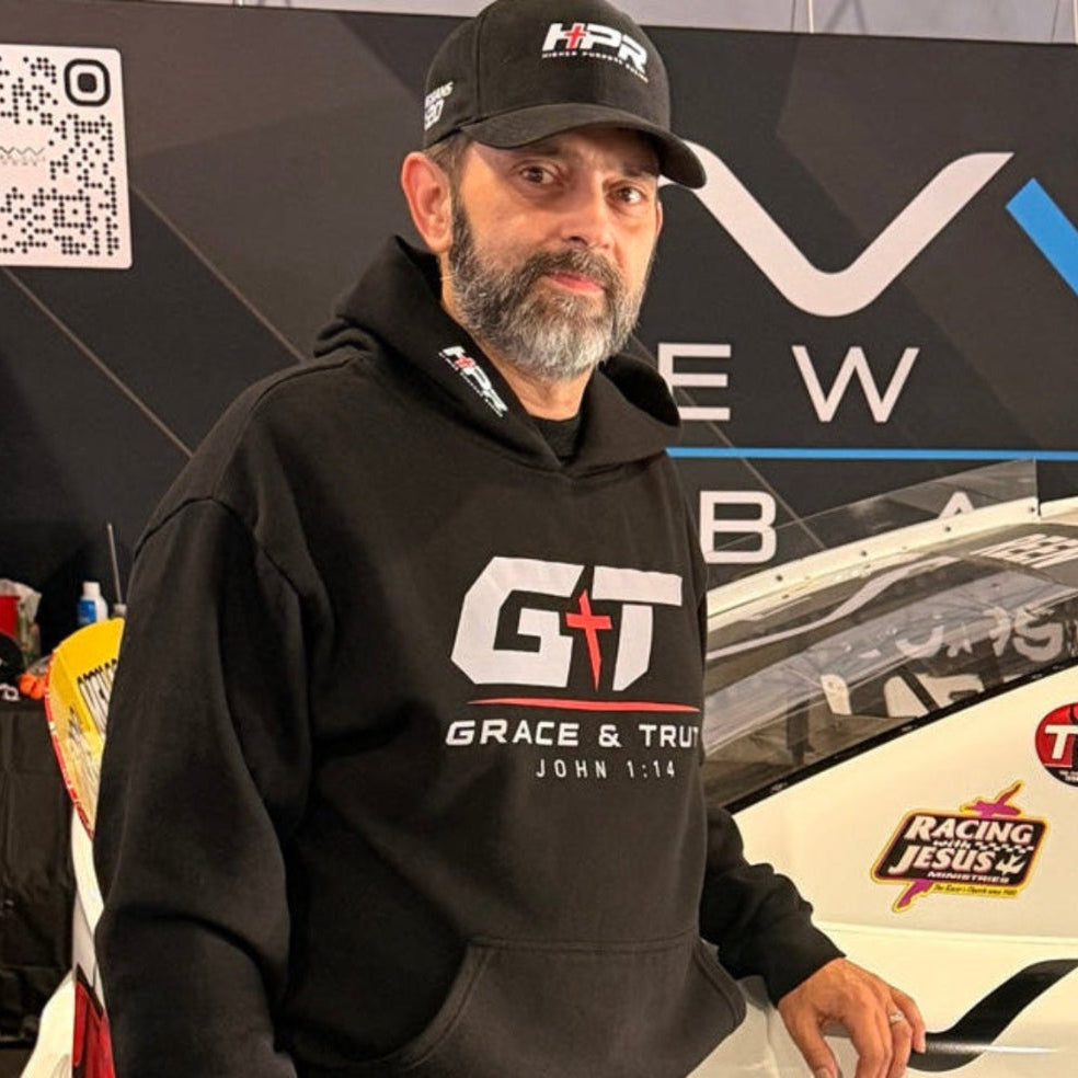 Black Grace & Truth sweatshirt worn at racing event
