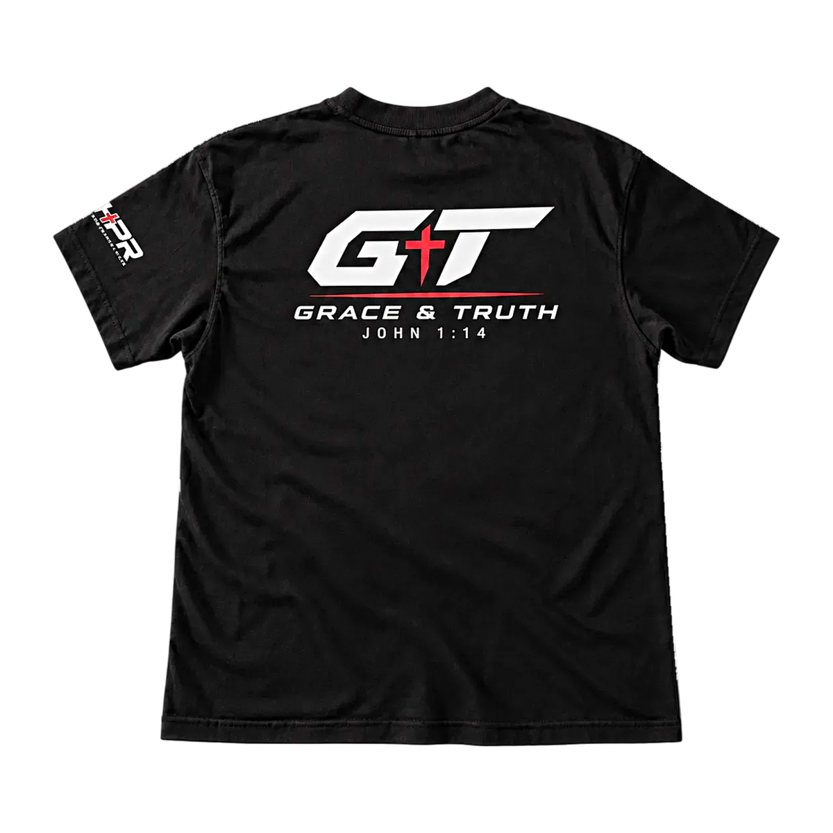 Back of the black Team Grace & Truth Heavyweight Tee laid flat, with the white and red GT Grace & Truth John 1:14 print
