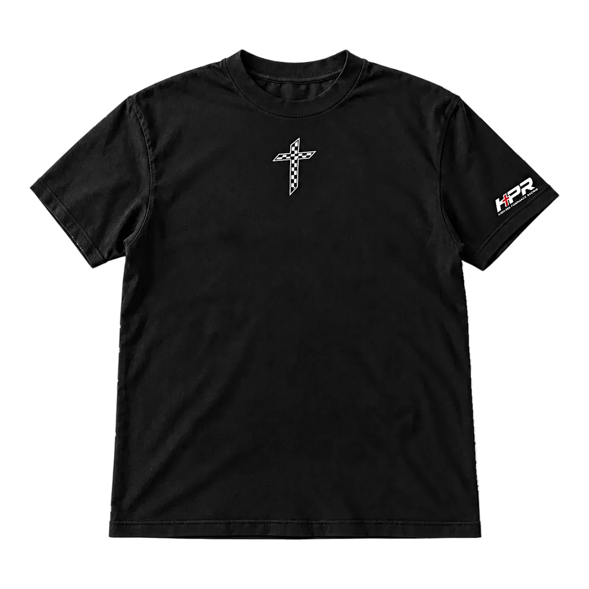 Front of the black Team Grace & Truth Heavyweight Tee laid flat, with the checkered cross on the chest and HPR logo on the sleeve