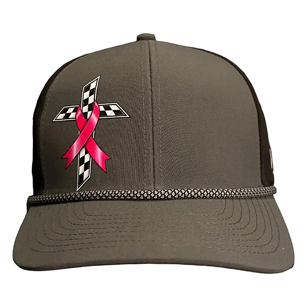 Front of the charcoal HPR Hydro Rope Hat with the pink ribbon checkered cross and black rope