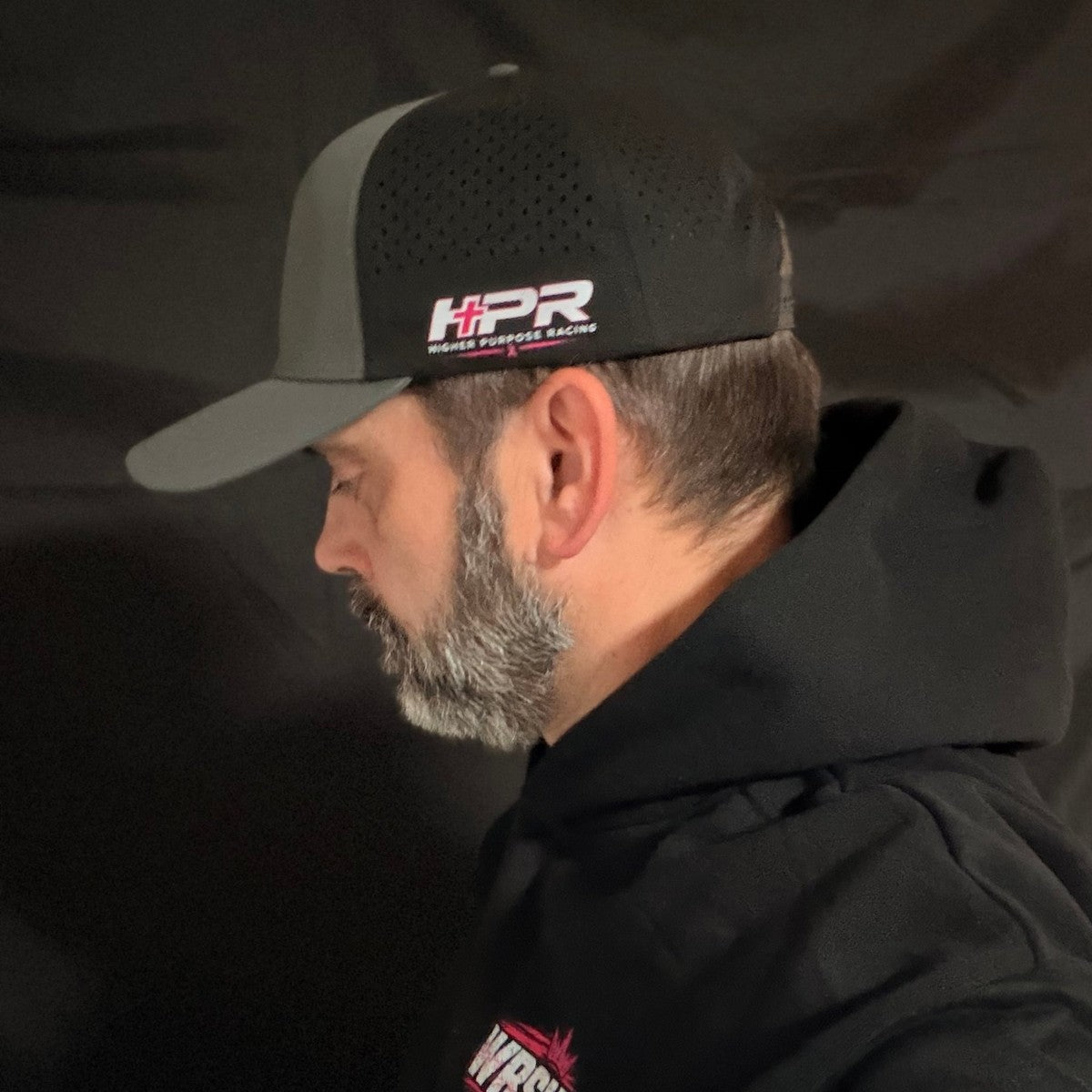 HPR Pink Ribbon Hydro Rope Hat worn with the WRSHP hoodie in the studio