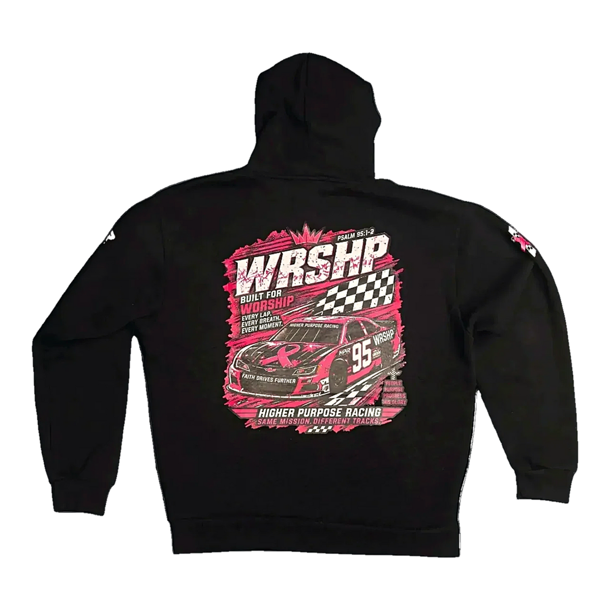 Back of the black WRSHP Breast Cancer Awareness Hoodie laid flat, showing the full pink WRSHP race car back print