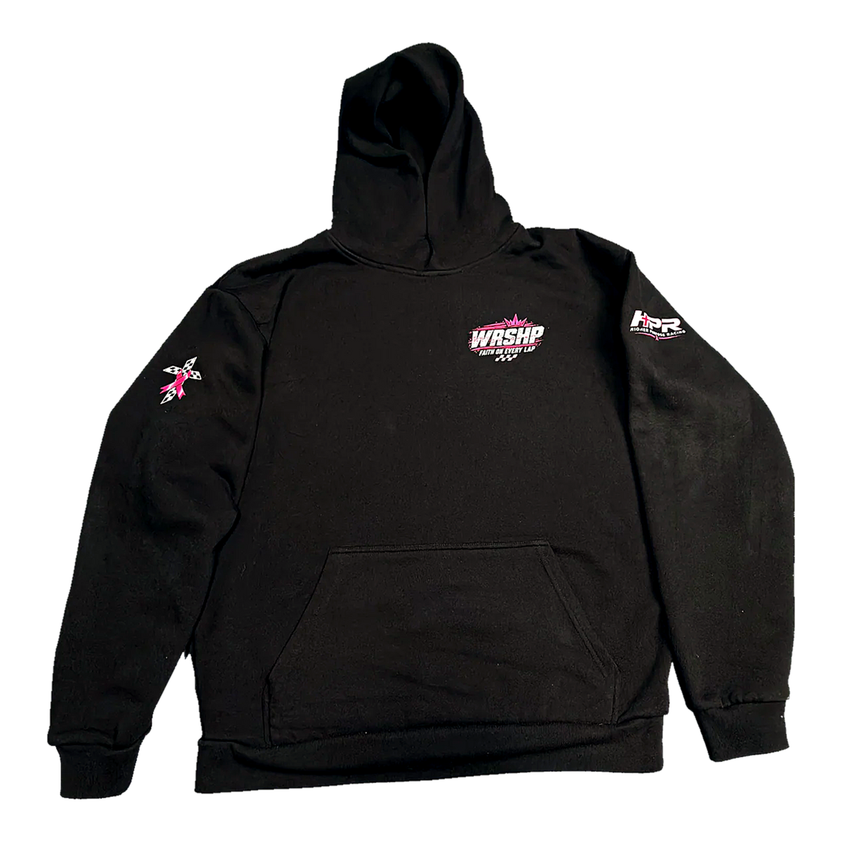 Front of the black WRSHP Breast Cancer Awareness Hoodie laid flat, with the WRSHP chest logo, pink ribbon checkered cross on the right sleeve and HPR logo on the left sleeve